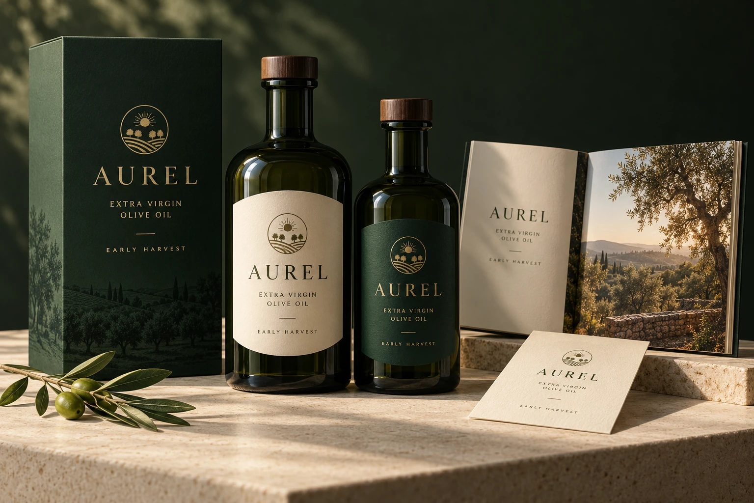 Aurel forest green olive oil bottles, presentation packaging, harvest booklet and tasting card