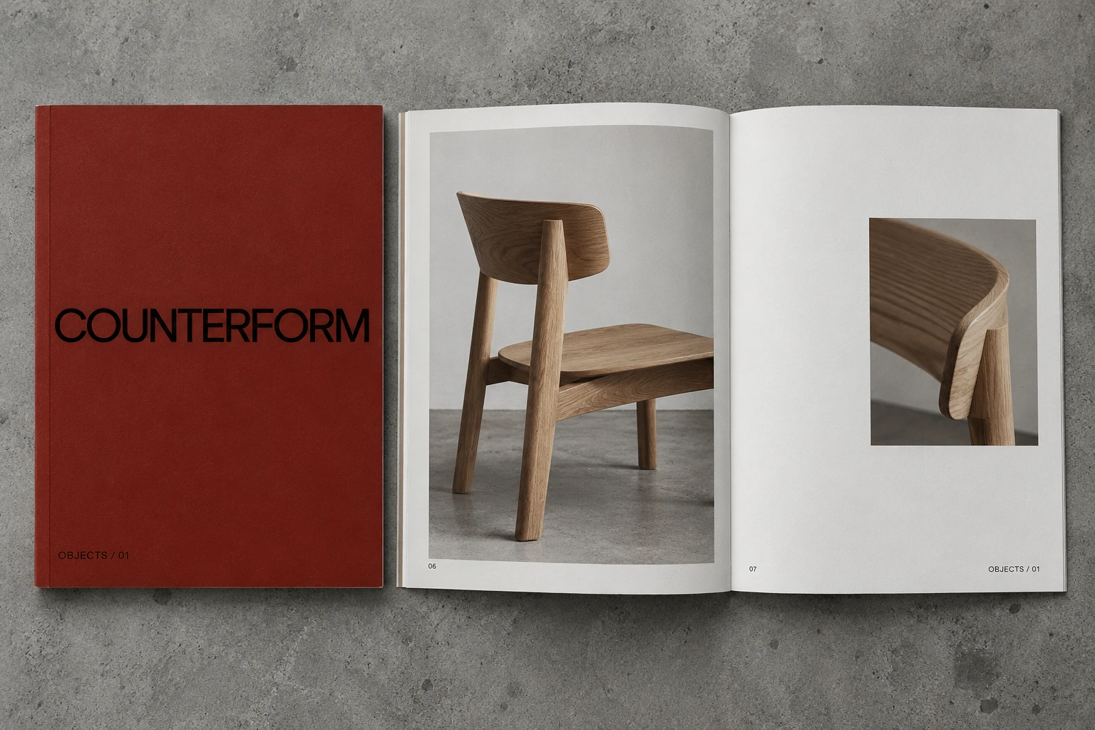 Counterform red lookbook cover beside an open furniture brochure