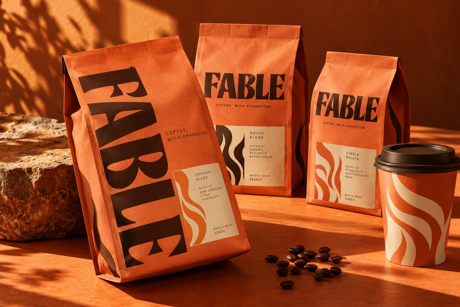 Fable identity applied to coffee packaging & cups