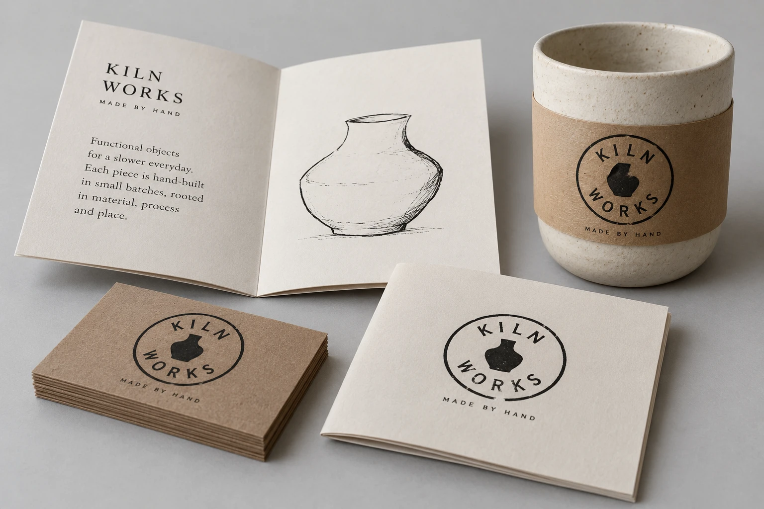 Kiln Works maker emblem on a product brochure, business cards and ceramic cup band