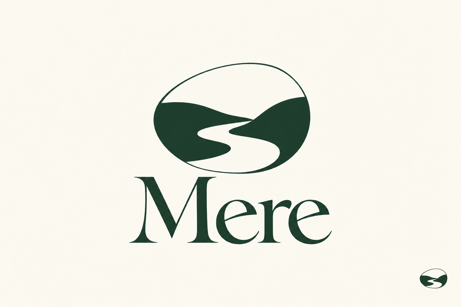 Mere deep green land-and-water icon and refined serif wordmark on warm chalk