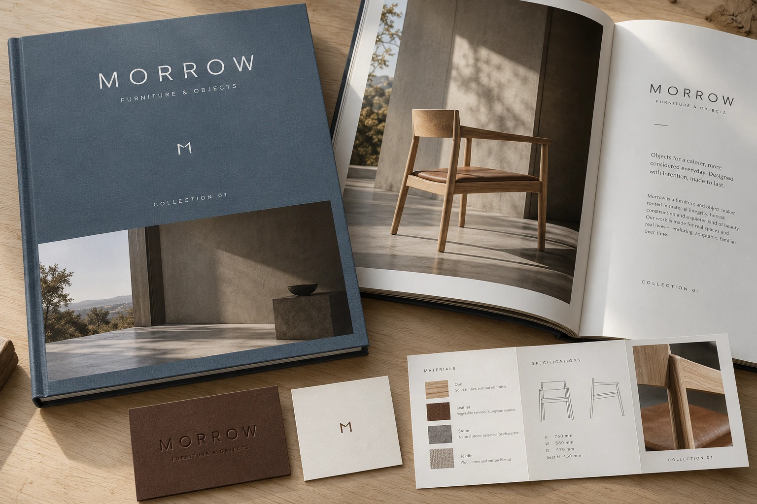 Morrow slate blue furniture catalogue with an oak chair spread, umber business card and materials foldout