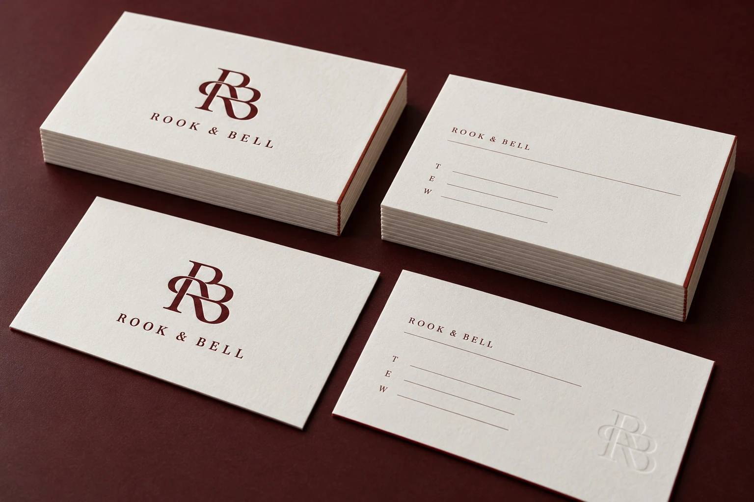 Rook and Bell monogram business cards printed in oxblood on warm white stock