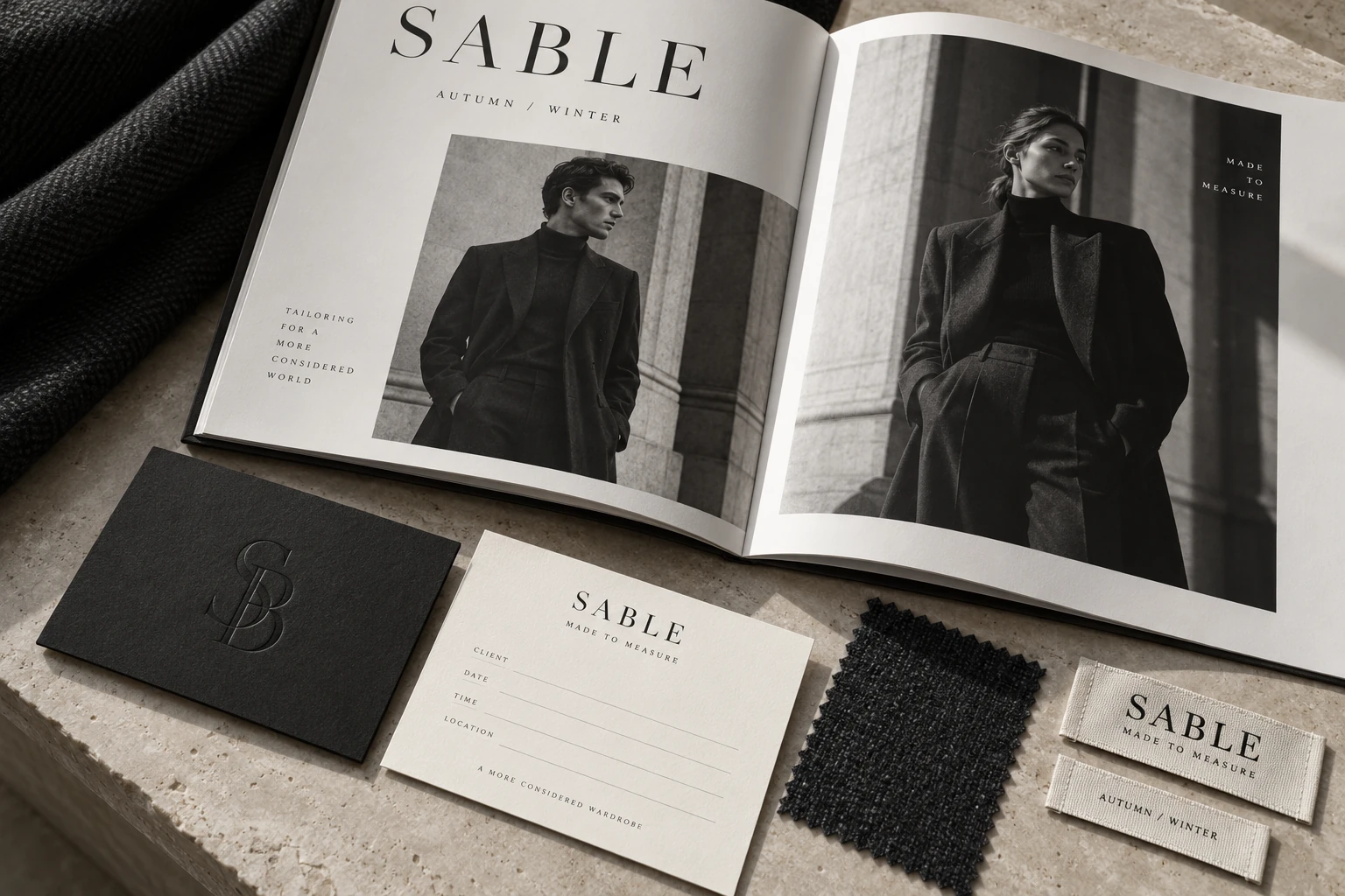 Sable charcoal and ivory tailoring lookbook with black-and-white fashion photography, monogram card and woven labels