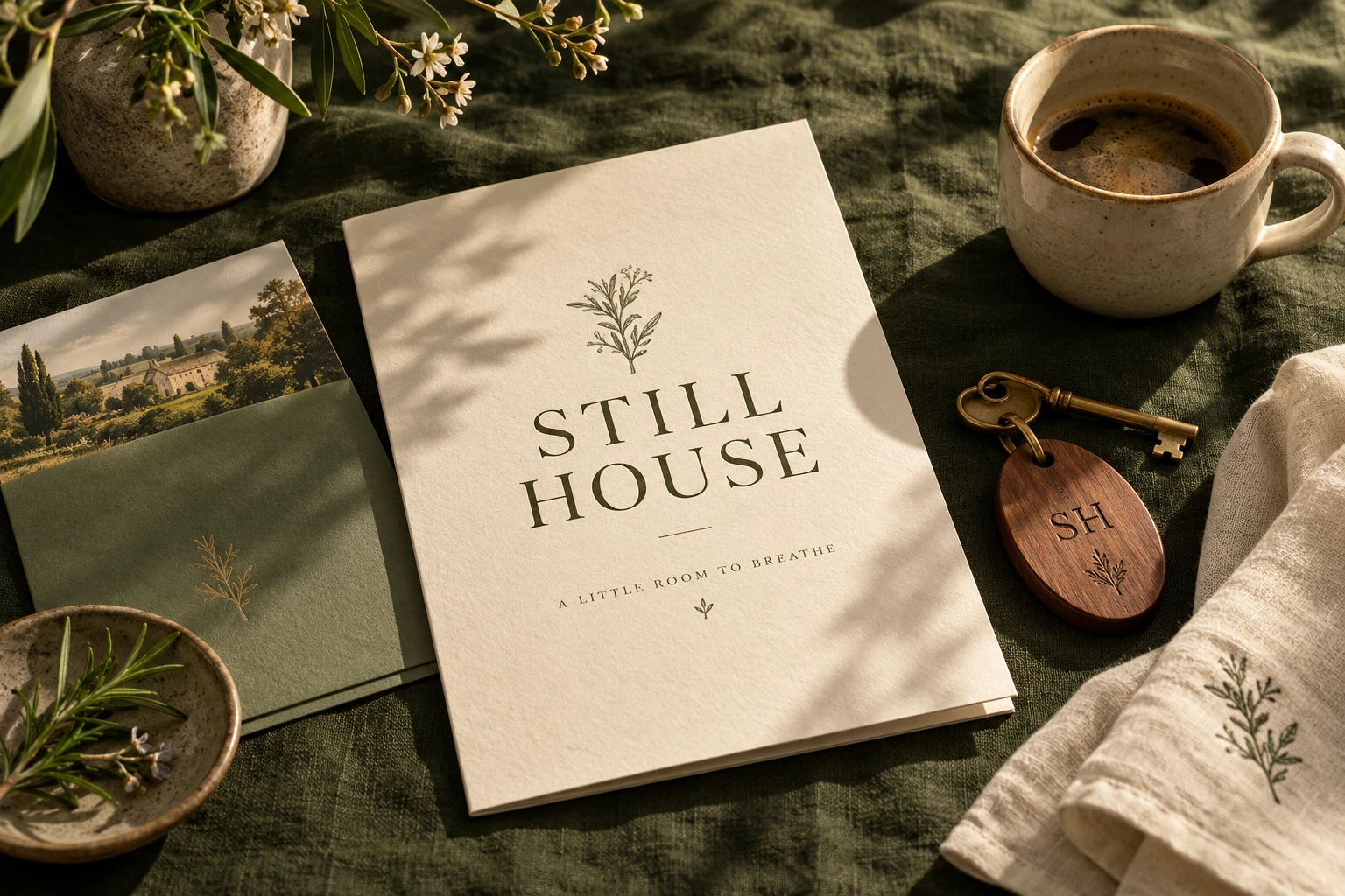 Still House identity applied to menus, stationery & guest touchpoints