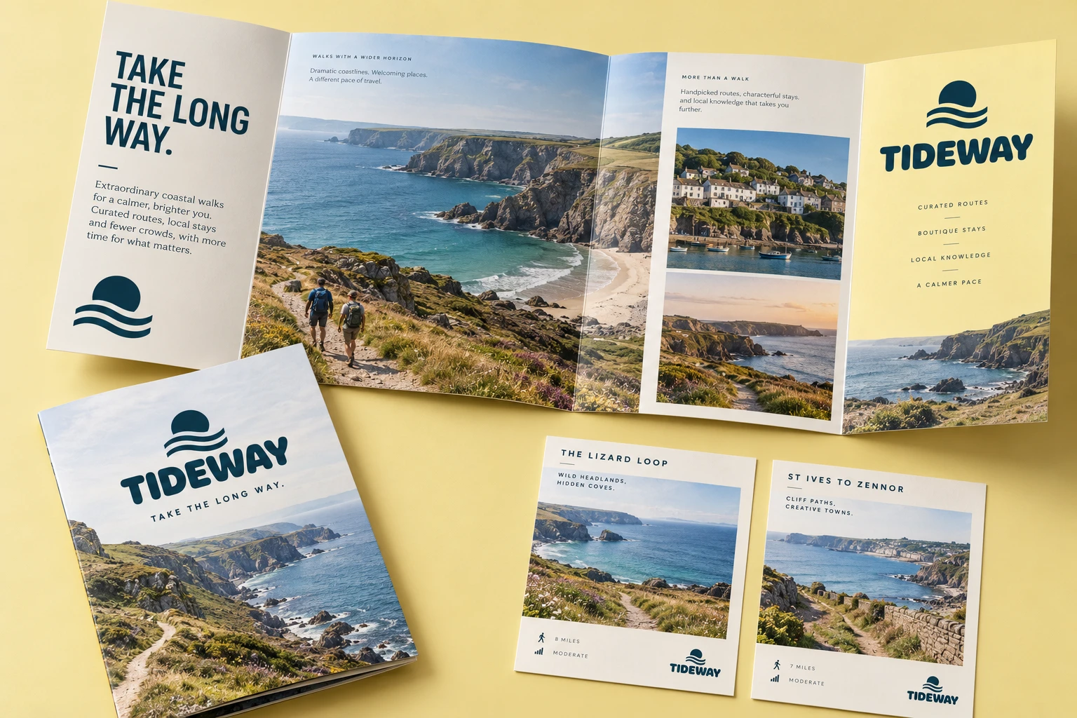 Tideway coastal walking brochure unfolded beside matching route cards