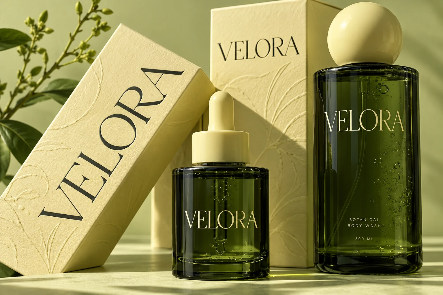 Velora identity applied to bottle labels & cartons